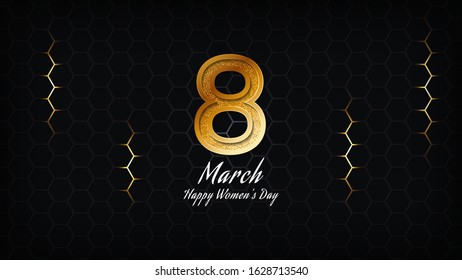 gold luxury 8th march happy women’s day. International women’s day with halftone black hexagon background. Happy mother’s day. Illustration vector EPS 10.