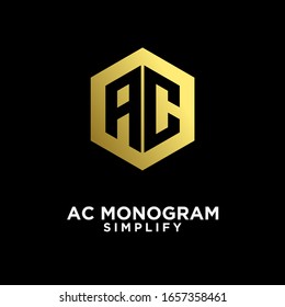 dorado lujo ac, ca, c diseño inicial de logotipo de letra hexagonal con fondo negro