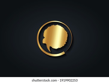 Gold luxury African Woman round logo design. Golden diadem Curly afro hair, Afro portrait in ethnic traditional hair style concept, vector isolated on black background  