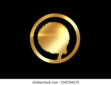 Gold luxury Afro logo design. Golden diadem Curly afro hair, portrait African Woman in ethnic traditional hair style concept, vector isolated on black background  