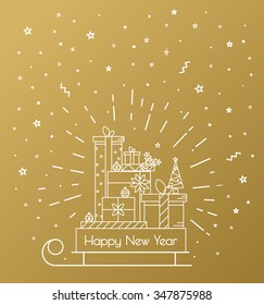 Gold luxury background for the new year 2016. Gifts in a sleigh in a retro style on a gold background. hipster style