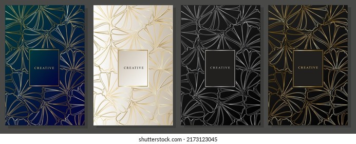 Gold luxury backgrounds. Set of elegant covers, platinum, black and gold, silver, peacock blue. Abstract pattern, silhouette flowers, contour line. Floral pattern, vector.