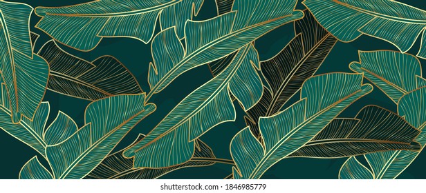 Gold and luxury banana leaves background vector. Floral pattern with golden tropical palm, coconut tree, split-leaf Philodendron plant ,Jungle plants line art on white background.