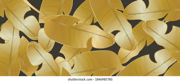 Gold and luxury banana leaves background vector. Floral pattern with golden tropical palm, coconut tree, split-leaf Philodendron plant ,Jungle plants line art on white background.