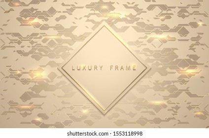 Gold luxury banner. Golden rhombus tag frame. Shine geometric golden lights pattern background. Vector illustration. Vip invitation, cosmetic product label or greeting card design