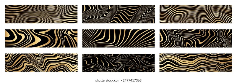 Gold luxury banners, headers, long 4:1 rectangles set. Groovy hand drawn golden stripes, doodle uneven lines, waves, organic liquid marble stains backgrounds collection. Label sticker templates bundle