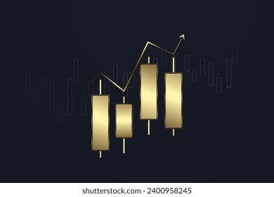 Gold, Luxury bar charts with up trend arrow on the top used for Business candle stick graph chart of stock market investment trading on dark background