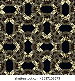 Ouro luxo bonito 3d sem emenda padrão com grego meandro, arcos intrincados, curvas, círculos. Fundo de grade de vetor brilhante ornamental. Ornamento moderno. Textura sem fim. Padrão de tecido, papel de parede.