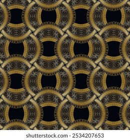 Gold luxury beautiful greek style modern 3d seamless pattern. Ornamental gold and black  background. Repeat vector backdrop. Abstrct circles ornaments with greek key meander. Endless ornate texture.