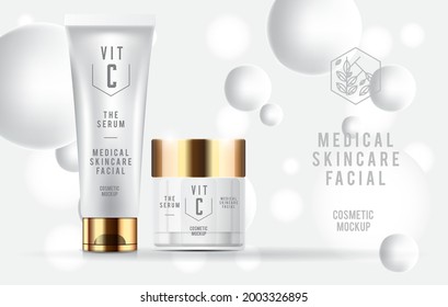 gold luxury beauty cosmetic serum medical skin care of dropper bottle, oil liquid essential collagen mock up, vector illustration