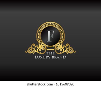 Gold Luxury Brand Letter F Elegant Logo Bagde. Golden Letter Initial Crest,  Wreath and Crown Monogram Design Vector Illustration.