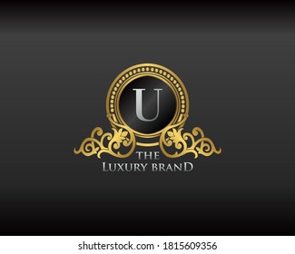 Gold Luxury Brand Letter U Elegant Logo Bagde. Golden Letter Initial Crest,  Wreath and Crown Monogram Design Vector Illustration.