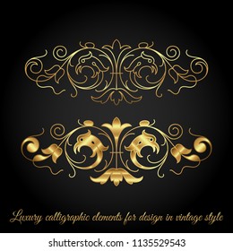 Gold luxury calligraphic elements for design in vintage style