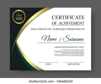 Gold luxury certificate of achivement template with golden award. Beautiful trendy business document blank. Vector, eps10.