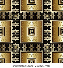 Gold luxury checkered greek style modern 3d seamless pattern. Ornamental gold and black grid background. Repeat vector backdrop. Beautiful vintage ornaments with greek meander. Endless ornate texture.