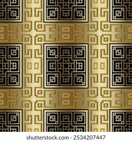Gold luxury checkered greek style modern 3d seamless pattern. Ornamental gold and black grid background. Repeat vector backdrop. Beautiful vintage ornaments with greek meander. Endless ornate texture.