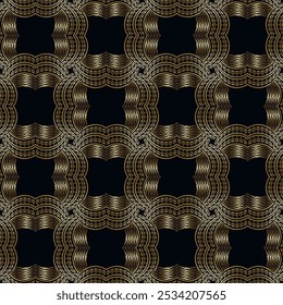 Ouro luxo xadrez estilo grego moderno 3d sem costura padrão. Fundo de grade dourado e preto ornamental. Repita o plano de fundo do vetor. Bonitos ornamentos vintage com meandro grego. Textura ornamentada sem fim.