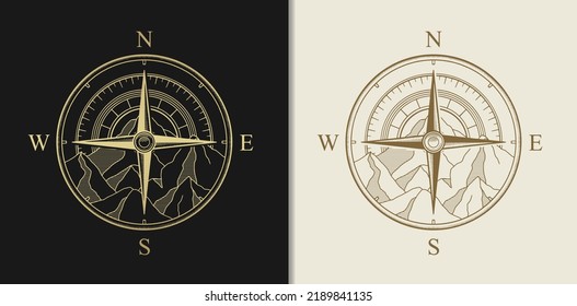 Gold luxury compass with mountain background in Vector illustration in engraving, hand drawn, luxury, esoteric, fit for spiritualist, religious, paranormal, tarot reader, astrologer or tattoo