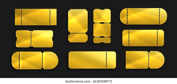 Gold luxury coupon templates set with dotted borders - shiny blank golden tickets of vip passes, reward cards, gift vouchers or elegant labels for premium promotions, sale offers, special deals.