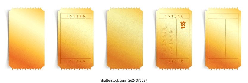Gold luxury coupon ticket template set - blank golden glowing vertical tags with wavy zigzag perforations. 3d elegant premium voucher mockups for discount offer, event pass or gift certificate.