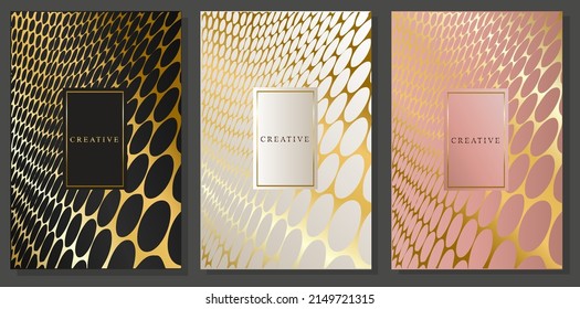 Gold luxury cover set. Optical illusion, circular golden shapes in perspective. Geometric pattern on black, platinum and pink background. Modern Elegant Brochures