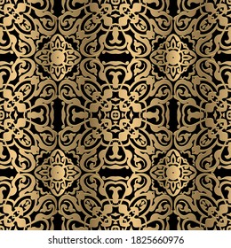 Gold luxury Damask seamless pattern. Floral ornamental arabic background. Repeat vector arabesque backdrop. Royal shiny gold ornaments with vintage golden flowers, leaves. Beautiful ornate design.