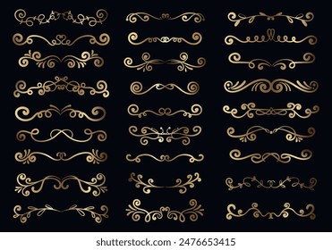 Gold luxury decorative swirls and text dividers collection. Wedding luxury gold elements set