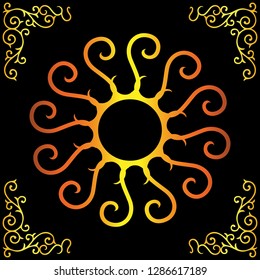 gold luxury ethnic abstract ornament design with borders on black background. tattoo vector design in the form of the sun. design for wallpaper, fabric, tile, floor, decorative, web site.