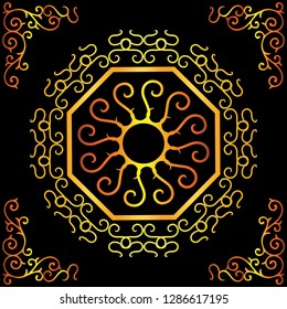 gold luxury ethnic abstract ornament design with circle octagonal frame and borders on black background. tattoo vector design in the form of the sun.Simple tribal logo design for men, woman and girl. 