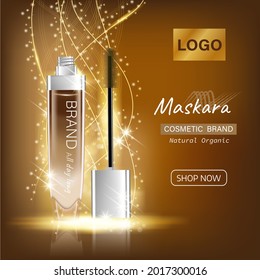 Gold luxury eyelash mascara ads, black and gold package with eyelash applicator brush with mascaras stroke palette on VIP shine glitter background. Vector 3d realistic illustration.
