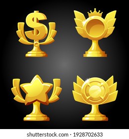 Gold luxury figurines awards for the game. Vector set of awards with different dollar signs, star for winner.