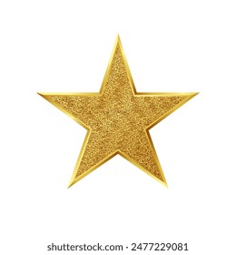 Gold luxury five-pointed 3D star with glitter and shimmer texture. Vector stock illustration.