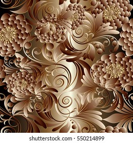 Gold luxury floral 3d seamless pattern background wallpaper illustration with 3d surface flowers,vintage swirl curly leaves.royal elegance flowery ornaments.Rich design with shadows and highlights.