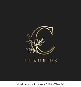 Dorado lujo Floral Leaf Letra inicial C Logo Concept Esquema Monograma Hojas Ornadas Diseño Vector Para Identidad De Lujo