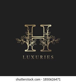 Gold luxury Floral Leaf  Initial Letter H Logo Concept Outline Monogram Ornate Leaves Vector Design For Luxuries Identity