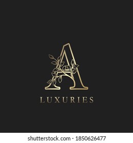 Gold luxury Floral Leaf  Initial Letter A Logo Concept Outline Monogram Ornate Leaves Vector Design For Luxuries Identity