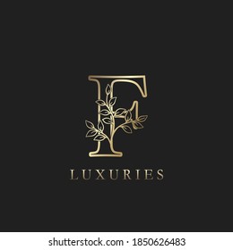 Gold luxury Floral Leaf  Initial Letter F Logo Concept Outline Monogram Ornate Leaves Vector Design For Luxuries Identity