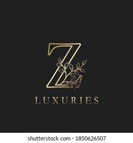 Gold luxury Floral Leaf  Initial Letter Z Logo Concept Outline Monogram Ornate Leaves Vector Design For Luxuries Identity