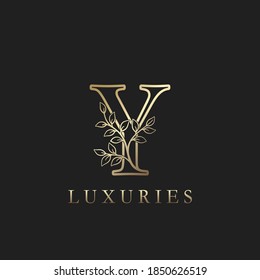 Gold luxury Floral Leaf  Initial Letter Y Logo Concept Outline Monogram Ornate Leaves Vector Design For Luxuries Identity