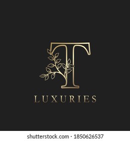 Gold luxury Floral Leaf  Initial Letter T Logo Concept Outline Monogram Ornate Leaves Vector Design For Luxuries Identity