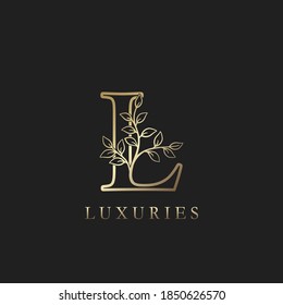 Gold luxury Floral Leaf  Initial Letter L Logo Concept Outline Monogram Ornate Leaves Vector Design For Luxuries Identity