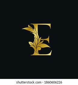 Gold luxury Floral Leaf  Initial Letter E Logo Concept Monogram Ornate Leaves Vector Design