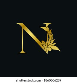 Gold luxury Floral Leaf  Initial Letter N Logo Concept Monogram Ornate Leaves Vector Design