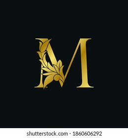 Gold luxury Floral Leaf  Initial Letter M Logo Concept Monogram Ornate Leaves Vector Design