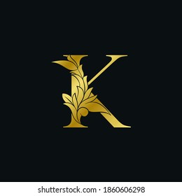Gold luxury Floral Leaf  Initial Letter K Logo Concept Monogram Ornate Leaves Vector Design