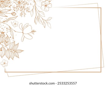 Gold Luxury Floral vector frame. Branches, leaves isolated on transparent background. Greenery wedding simple minimalist invitations Golden line Border. Vintage decoration ornament element