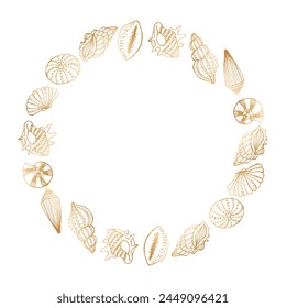 Gold luxury frame with contour seashells for invitation. Template, vector