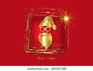 Gold luxury frame Santa Claus Christmas wear hat, beard, moustache and fashion glasses, festive xmas party decoration. Bright golden Vector for postcard party invitation isolated on red background 