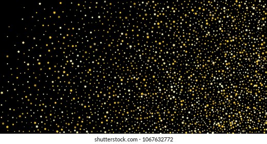 Gold, luxury glitter Stars, sprocket, shiny confetti. Scattered little sparkle, flash silver, elements. Random stellar fall on black horizontal background. New Year, Christmas Vector illustration