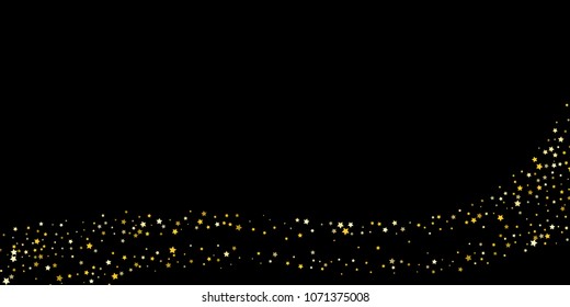 Gold, luxury glitter Stars, sprocket, shiny confetti. Scattered little sparkle, flash elements. Random stellar fall on black horizontal background. New Year, Christmas Vector illustration